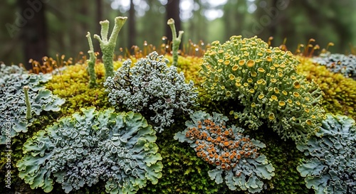 Diverse lichens and mosses grow on a forest surface.
