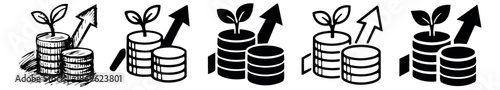 Hand drawn and line art financial growth icons set featuring growing plants on coin stacks and upward arrows for investment and business success