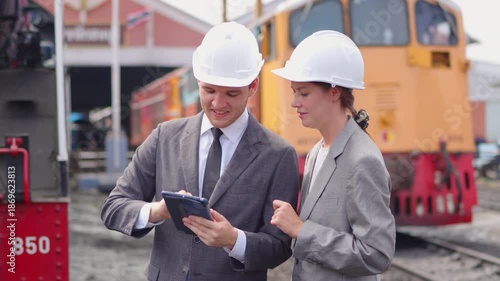 Businesspeople working on tablet and checking train on construction site
