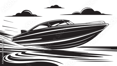 A sleek speedboat glides across the serene lake, captured from a low-angle viewpoint