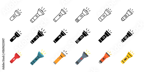 Flashlight icon set. Portable electric light device symbol. Handheld torch for illumination in dark and emergency situations. Simple vector illustration collection.