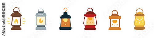 Lantern solid icon set. Vintage oil lamp with flame black symbol collection.