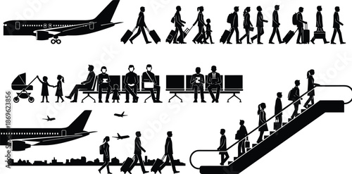 Airport travel people silhouette collection with passengers walking, waiting and boarding, airplane and terminal scene illustration for design artwork
