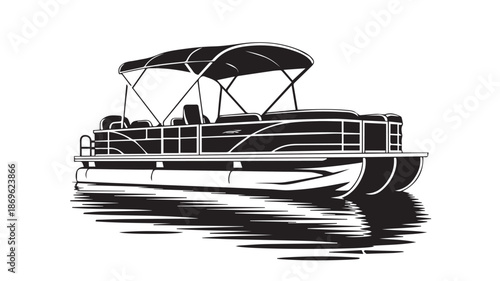 Black and white illustration of a pontoon boat with canopy on calm water