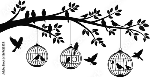 Bird silhouette collection on tree branches with hanging cages and flying birds, nature design illustration for decor artwork
