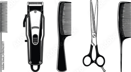 Barber tools and hairdressing equipment illustration set with scissors, clipper and combs, professional salon accessories for design artwork