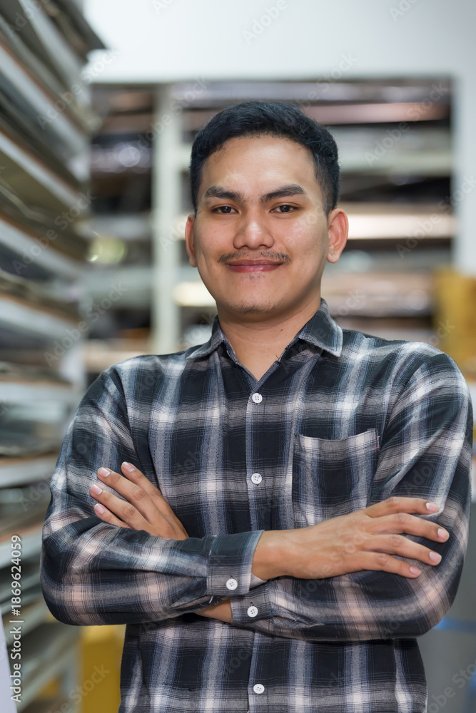 Obraz premium Asian adult man professional carpenter standing with crossed arms inside woodworking supplies shop representing skilled tradesman managing small business wood material inventory