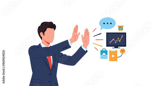 A man in a suit makes a stop gesture, surrounded by icons representing business, data, and communication, suggesting a halt to negative business trends.