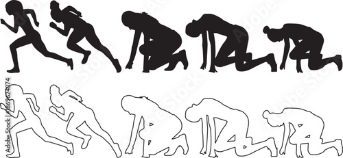 Female sprinter starting sequence silhouette and outline