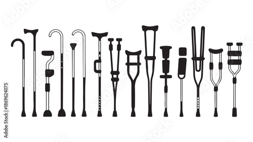 A collection of various mobility aids illustrated in black and white, showcasing different types and designs for assistance and support.
