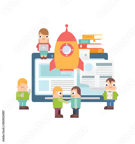 Digital Startup Team Launching Rocket from Laptop Screen