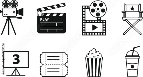 Cinema and filmmaking icon set with movie camera clapperboard film reel director chair popcorn and media symbols vector