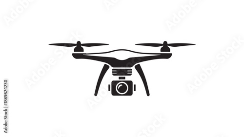 A drone with a camera is flying, viewed from the front in a minimalist black and white silhouette