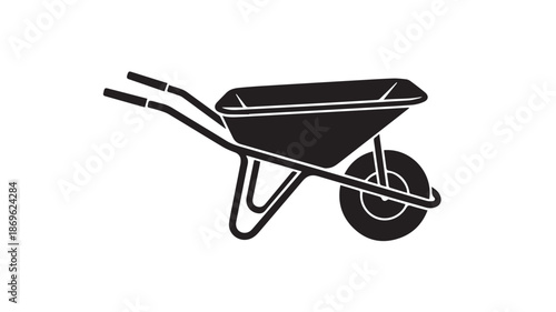 Minimalist black and white vector illustration of a wheelbarrow