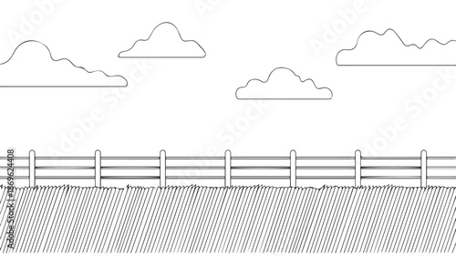 Black and white illustration of a rural fence line with clouds in the sky and a grassy field below