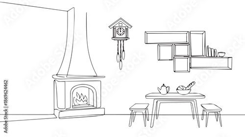 Line art illustration of a cozy living room with a fireplace, cuckoo clock, and dining set