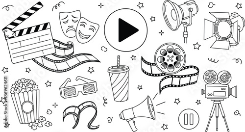Cinema and movie doodle outline illustration set with popcorn film reel camera lighting masks and media icons vector
