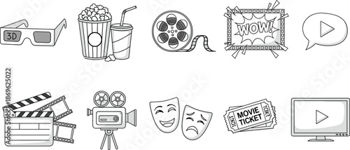 Cinema and movie entertainment outline icon set with popcorn film reel clapperboard tickets masks and media symbols vector