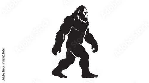 Bigfoot silhouette in mysterious dark tone on white background for mythical creature illustration