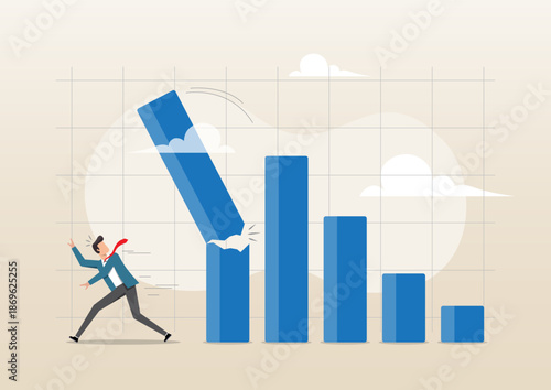 Conceptual Flat Vector Illustration of a Businessman Escaping a Collapsing Financial Bar Graph
