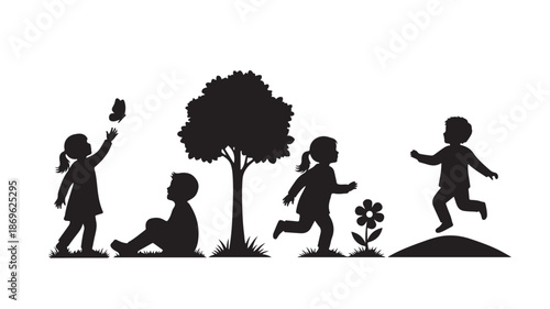 Children Playing Silhouettes in Joyful Outdoor Setting with Soft Black Shadows on White Background for Family Illustration