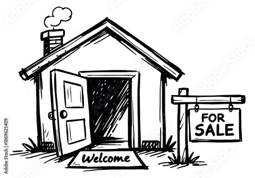 Hand drawn line art illustration of a house depicting an open door and a for sale sign for real estate