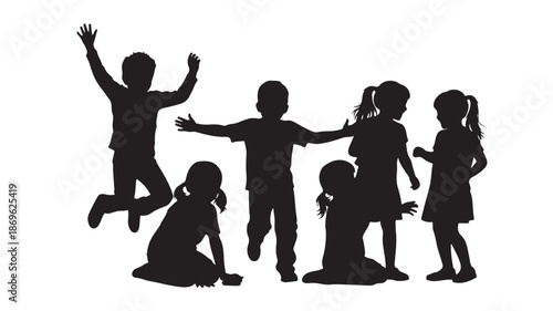 Children Silhouettes Playing Together in Joyful Carefree Black and White Vector Illustration for Family