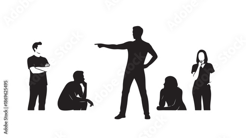 Silhouette of people in various postures with one person pointing in dramatic pose with high contrast lighting on white background for business illustration