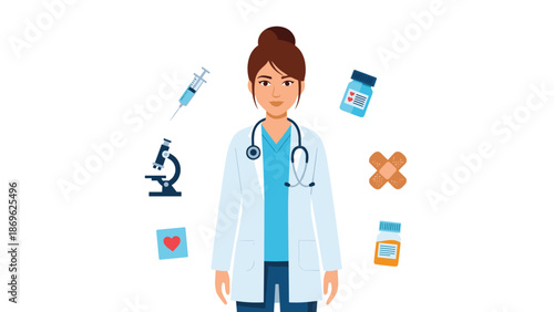 A female doctor surrounded by medical icons such as a syringe, microscope, pill bottles, and bandages, symbolizing comprehensive healthcare services.