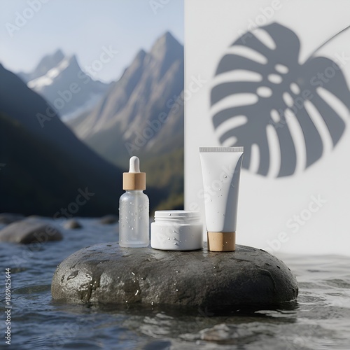 Premium skincare mockup on stone with mountain peak blurred background.