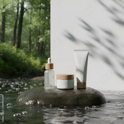 Skincare set on river rock with lush green jungle background.