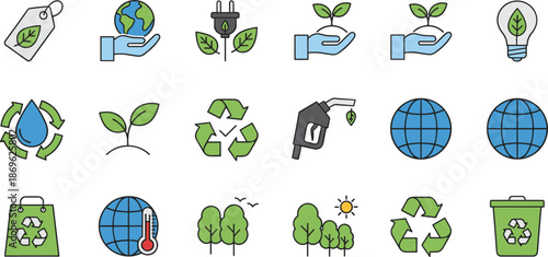 Environmental sustainability line icons for green energy ecology conservation recycling climate protection and renewable resource technology flat illustration,