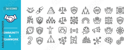 Community and teamwork line icon set featuring collaboration, leadership, social networks, people management and support symbols for web, app, UI and infographic design