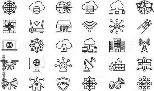 Modern line technology and network icon set featuring cloud computing, internet, server, data security, wireless communication, IoT, VPN, and digital infrastructure symbols for web and app design