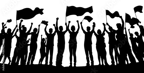 Diverse crowd silhouette with joyful mood waving flags in celebration