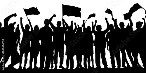 Crowd of silhouettes with flags celebrating a victory