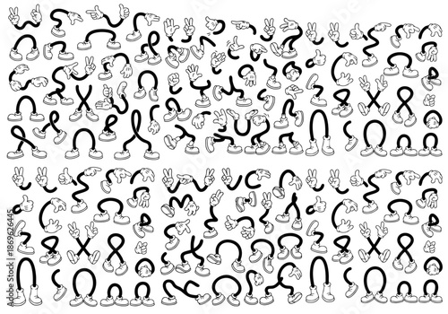Retro cartoon legs and hands. Vintage hand, foot and f. Hands with gloves and feet with boots, various poses for characters, a set of poses, gestures, placement of hands and feet. Body parts mascot.
