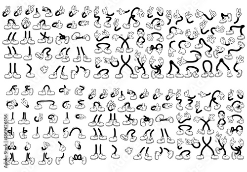 Retro cartoon legs and hands. Vintage hand, foot and f. Hands with gloves and feet with boots, various poses for characters, a set of poses, gestures, placement of hands and feet. Body parts mascot.