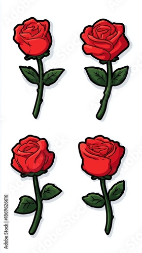 Four Red Rose Stem Sticker Icons 2x2 Grid Bold Outline Vector