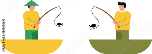 Flat vector illustration of men fishing in boats with rods for outdoor hobby water recreation and seasonal vacation,