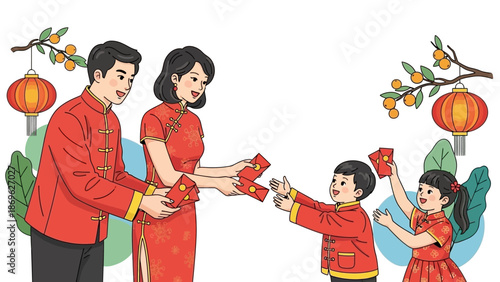 Family in traditional attire exchanging red envelopes during a festive celebration surrounded by lanterns and decorations