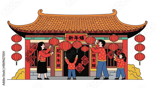 Family Celebrating Lunar New Year with Traditional Dance in Front of Ornate Temple