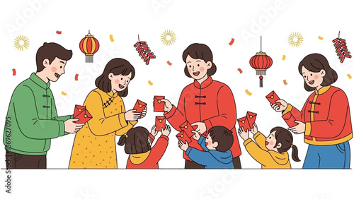 Family celebration with red envelopes during a festive cultural event