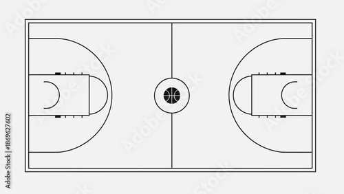 Top Down View of Basketball Court Layout with Markings on Isolated White Background