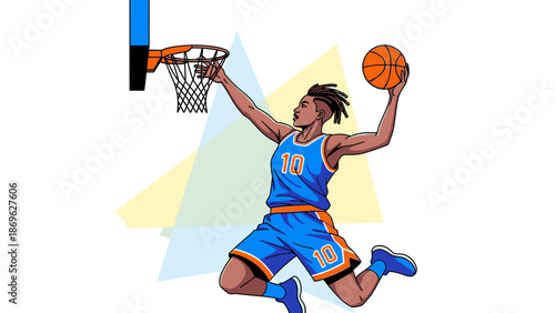 Enthusiastic Male Basketball Player with Dreadlocks Slam Dunking Ball in Blue Jersey in Bright Studio Background