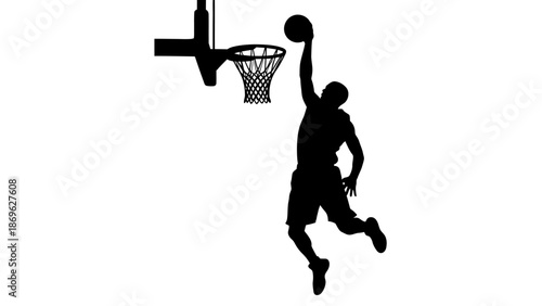 Energetic Male Basketball Player Silhouette Slam Dunking Ball into Hoop on Isolated White Background
