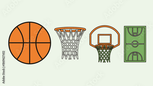 Basketball Game Elements with Hoop, Ball, Net, and Court in Bright Studio Background
