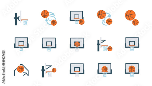 Dynamic Basketball Hoop and Ball Vector Icons Set with Movement on Isolated White Background