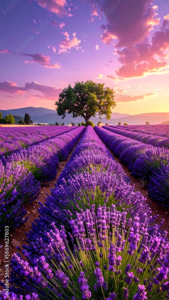 Fototapeta premium Lavender Field at Sunset - A Serene Landscape of Purple Blooms.