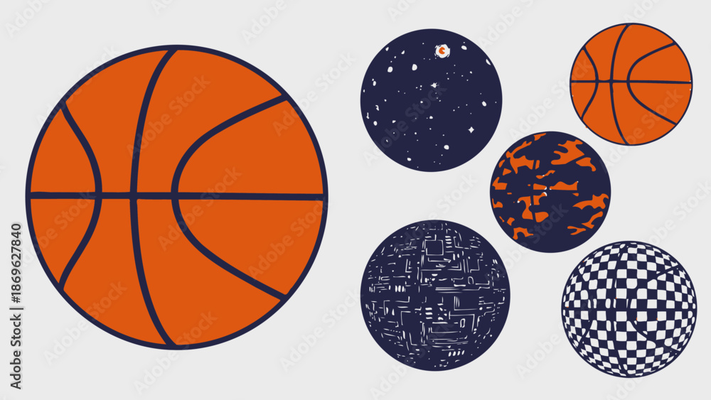 Obraz premium Collection of Basketballs with Unique Abstract and Textured Patterns on Light Grey Background.